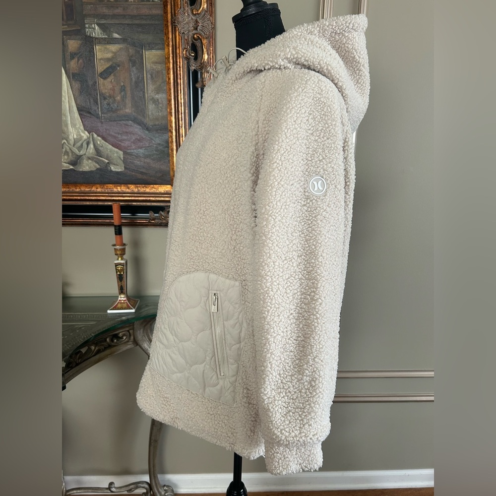 Hurley Cream Sherpa Quilted Hooded Jacket Oversized Cozy Fleece Puffer Hybrid L - Picture 4 of 9